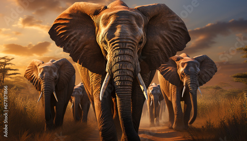 African elephant herd walking in the sunset generated by AI © Jemastock