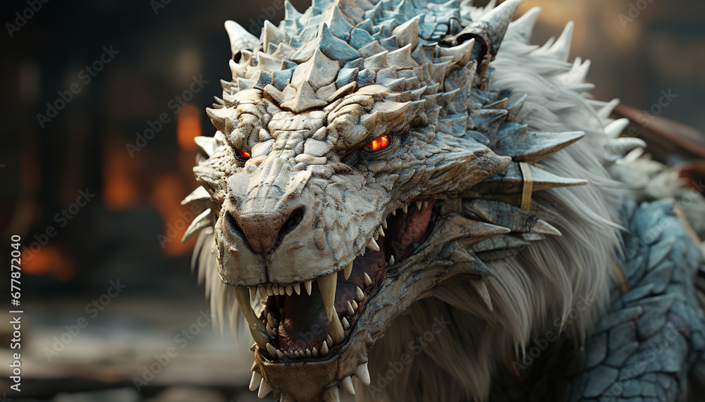 Furious dragon head sculpture screams with evil, horrifying imagination generated by AI