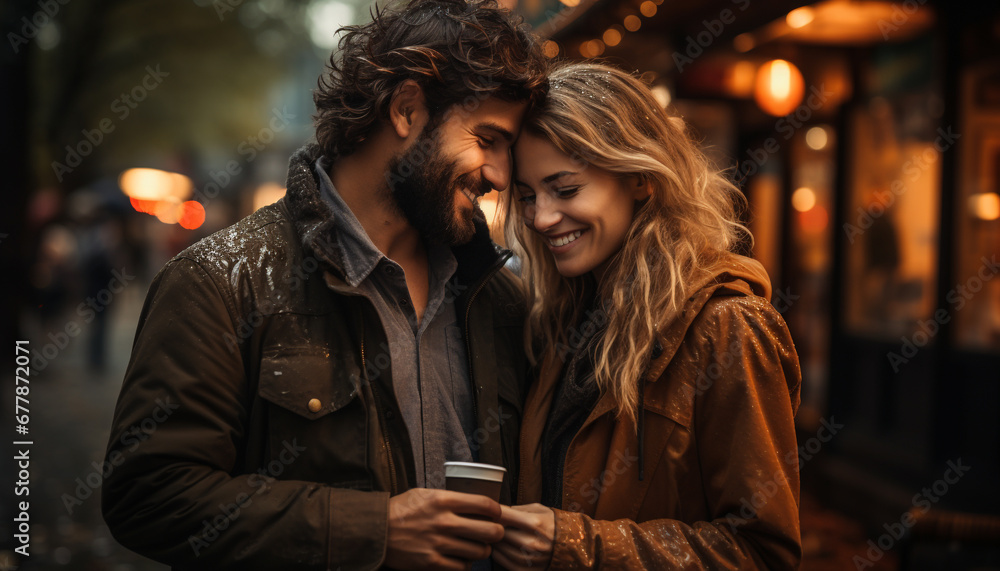 Young couple embracing, enjoying hot coffee in autumn generated by AI Young couple embracing, enjoying hot coffee in autumn generated by AI
