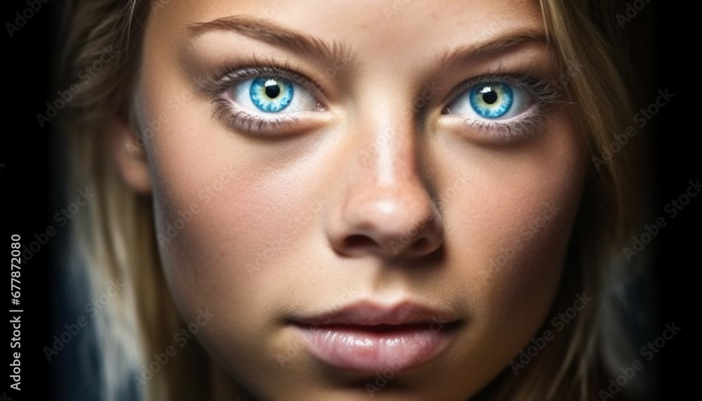 Beautiful young woman with blue eyes staring confidently at camera generated by AI