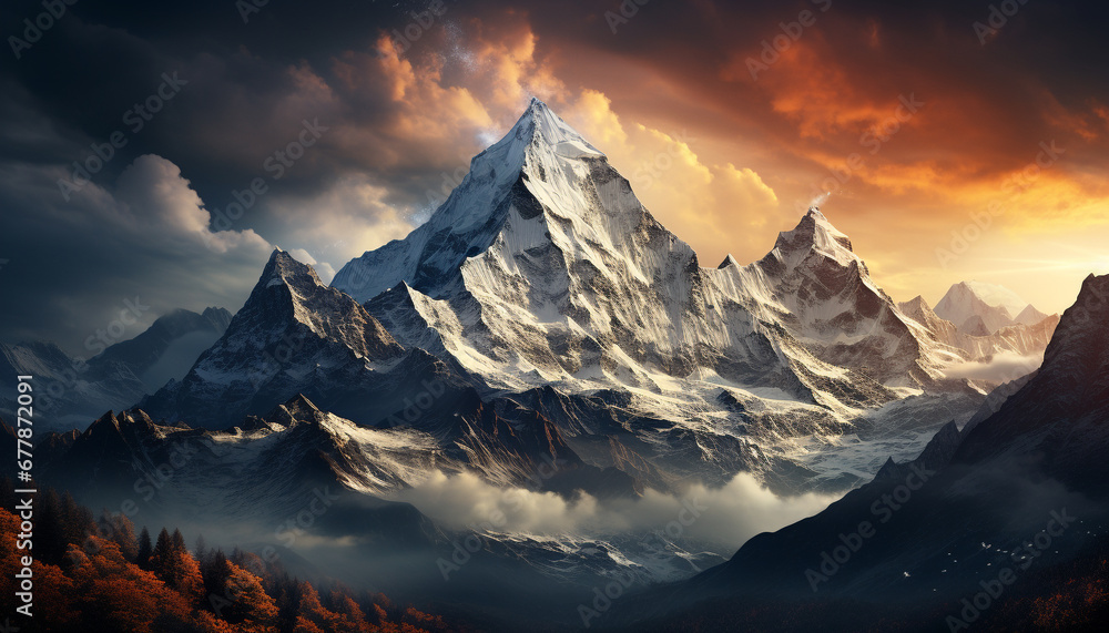 Majestic mountain peak, snow covered, panoramic landscape generated by AI