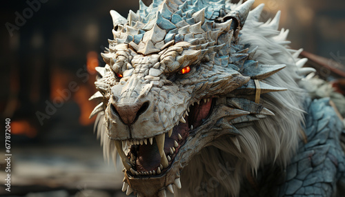 Furious dragon head sculpture screams with evil, horrifying imagination generated by AI