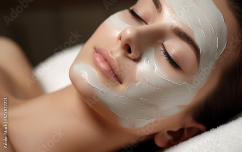 Beautiful woman is caring of her skin, with a white clay cosmetic mask on her face