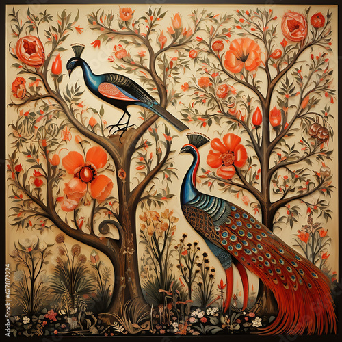 Traditional Madhubani style painting of a peacocks on a textured background.