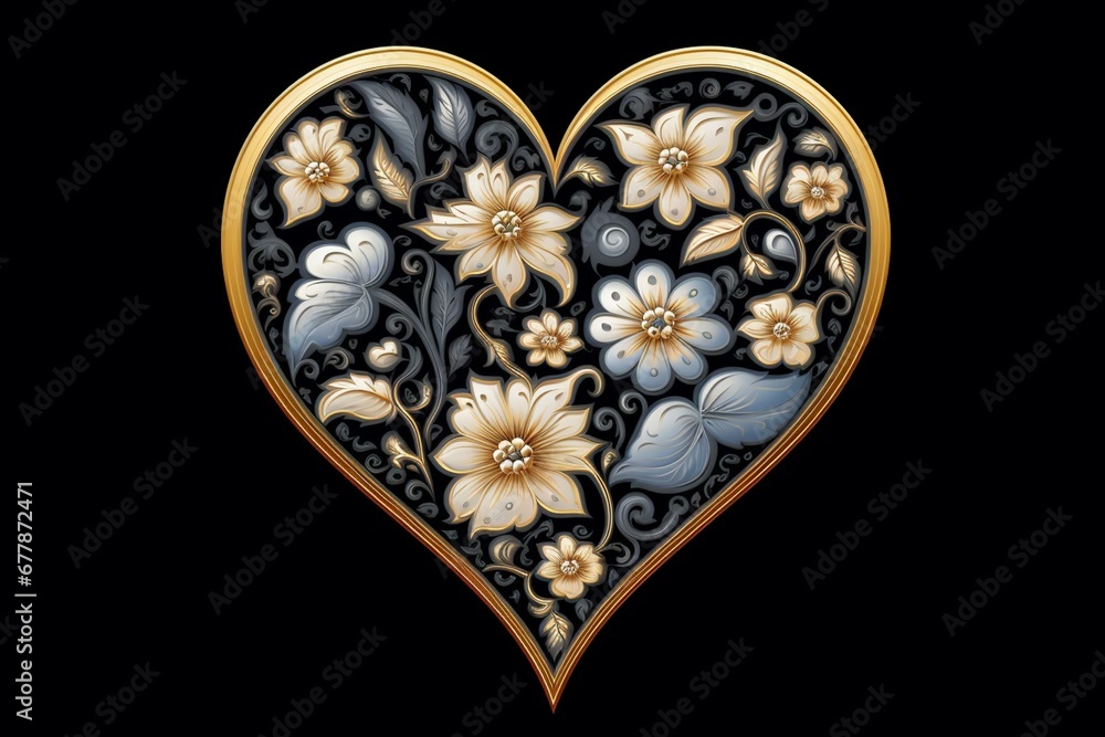 Heart with floral ornament on black background symbolizing love and Valentine's Day. Generative AI