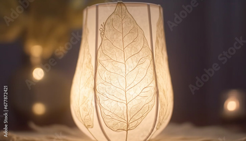 Glowing lantern decoration with antique filament and ornate wood shape generated by AI