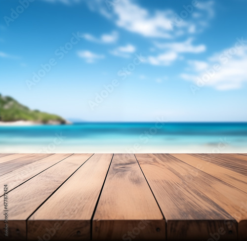 wooden deck with tropical beach and palm trees in background