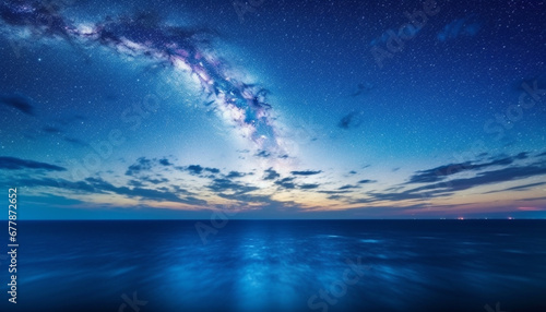 Milky Way illuminates majestic mountain in vibrant blue night sky generated by AI © Jeronimo Ramos
