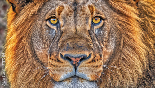 Majestic lion close up portrait  focusing on his powerful mane generated by AI