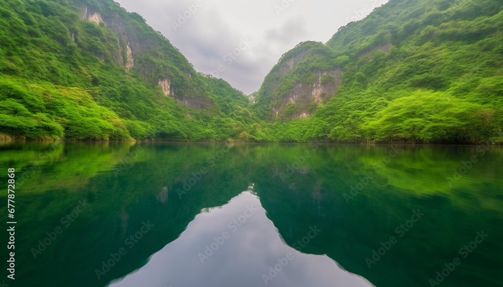 Tranquil scene of mountain reflection in pond, surrounded by forest generated by AI