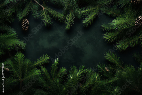 Evergreen pine branches Christmas tree with cones flat lay on dark green round circle frame border background with text copy space winter holiday concept
