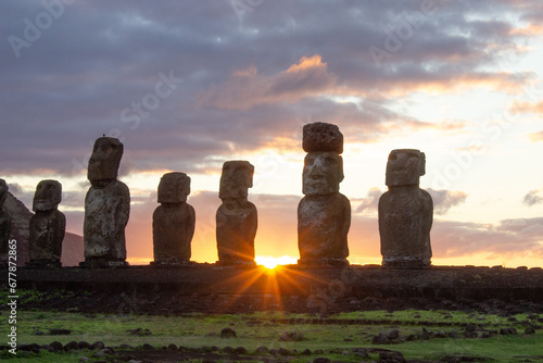 Sunset on Moais Statues at Sunset, Ahu Tongariki, Easter Island photo