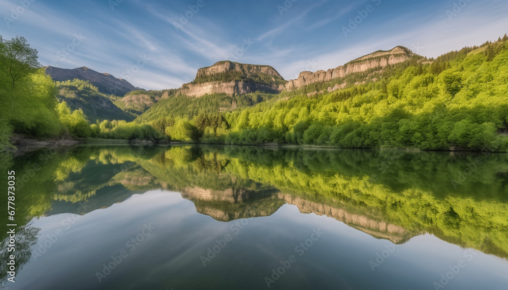 Majestic mountain peak reflects in tranquil pond, natural beauty abounds generated by AI