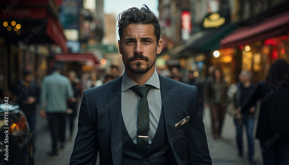 Confident businessman in suit walking in city at night generated by AI Confident businessman in suit walking in city at night generated by AI
