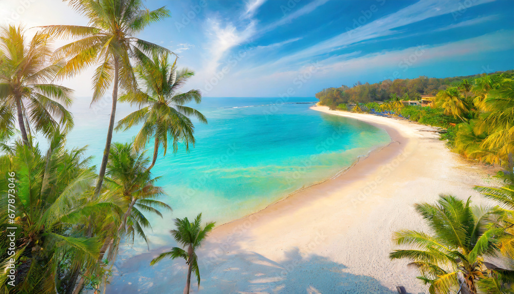 beach palm trees on the sunny sandy beach and turquoise ocean from above amazing summer nature landscape stunning sunny beach scenery relaxing peaceful and inspirational beach vacation template