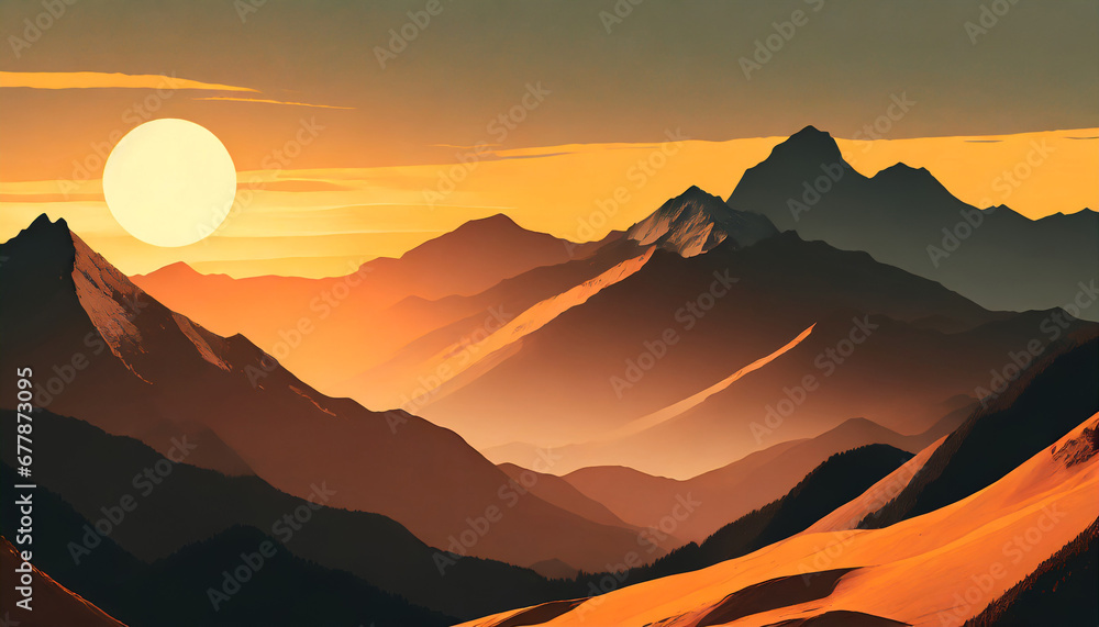 vector art illustration with a mountain range and a setting sun with orange hues ai generative art