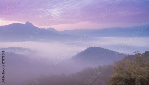 foggy morning light purple pastel gradient dreamy mountain atmosphere pc desktop wallpaper background ai generated © Emanuel