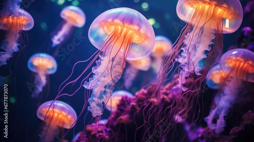 Group or school of glowing bioluminiscent jellyfish underwater photo