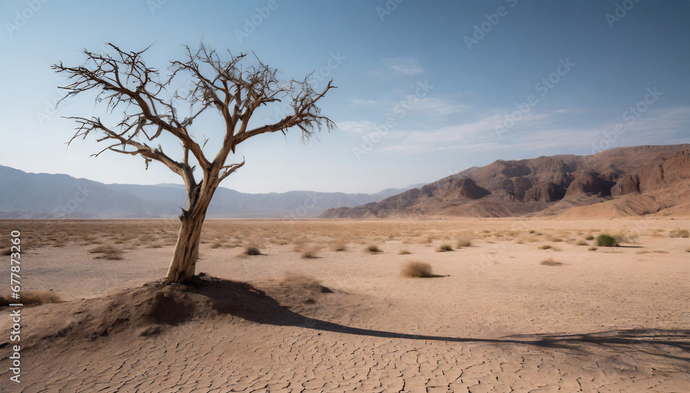 a desolate desert landscape featuring a dead tree standing tall against the barren backdrop symbolizing the arid conditions