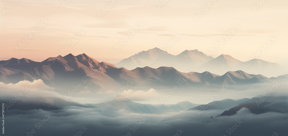 Panoramic mountainous landscape with soft desaturated brown colors and a forest covered in fog and mist.