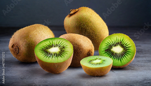 set of whole and cut kiwi fruit