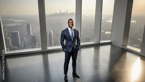 A sharply dressed businessman, exudes confidence with a charismatic smile in a sleek, minimalist office space with floor-to-ceiling windows showcasing a cityscape. 