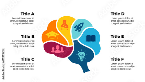 Human Brain Infographic. Vector Educational Concept. Presentation Template. Critical thinking illustration. Creative diagram with 6 parts and options. Generating Ideas Brainstorming. 