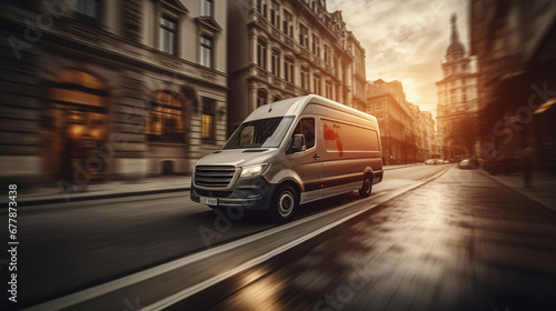 View of a delivery van in motion in the city center streets. © Joe P