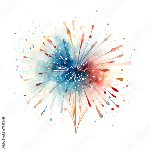 Watercolor painting of festive spark firework blue and red lights on white background. Winter holiday concept