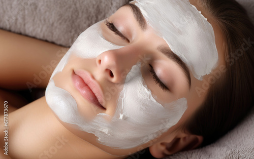 Beautiful woman is caring of her skin, with a white clay cosmetic mask on her face