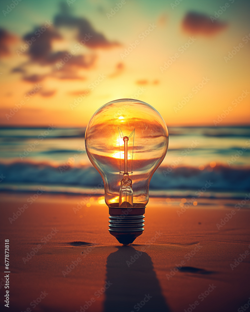 bright light bulb on the beach on sunset bright light bulb on the beach on sunset