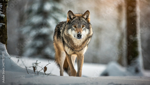grey wolf in the cold snowy winter forest amazing wildlife generative ai © Emanuel