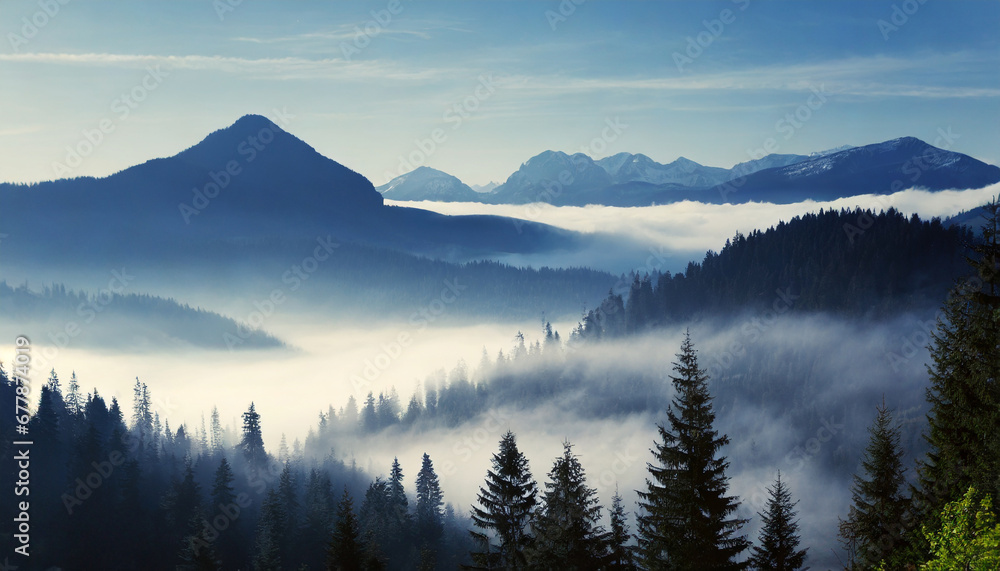 misty mountain landscape with fir forest in vintage retro style generative ai