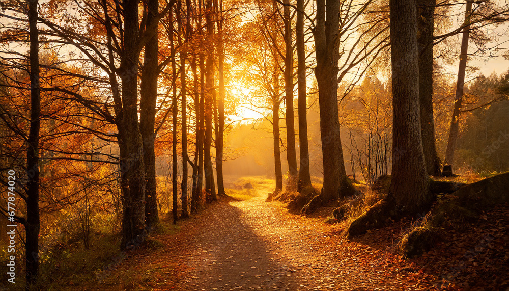 evening warm orange color autumn forest path with tree silhouettes pc desktop wallpaper background ai generated