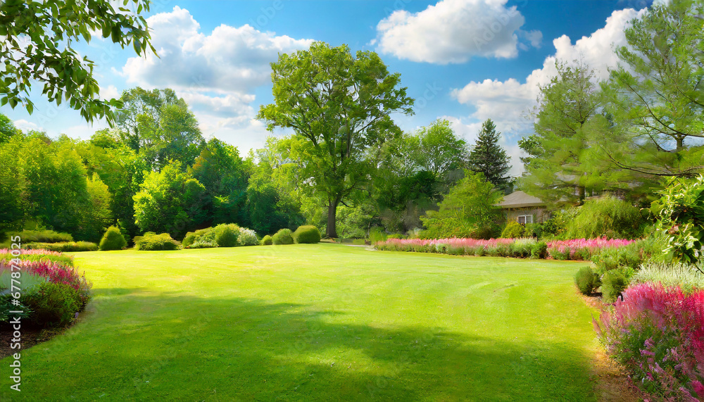 beautiful wide format image of a manicured country lawn surrounded by trees and shrubs on a bright summer day spring summer nature