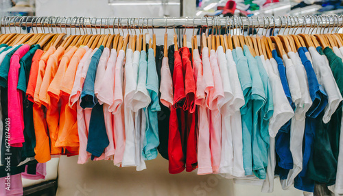 lots of t shirts on hangers in clothes store shop