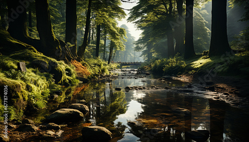 Tranquil scene of a green forest in autumn generated by AI