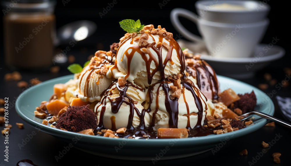 Gourmet chocolate dessert on wooden table, fresh and indulgent generated by AI Gourmet chocolate dessert on wooden table, fresh and indulgent generated by AI