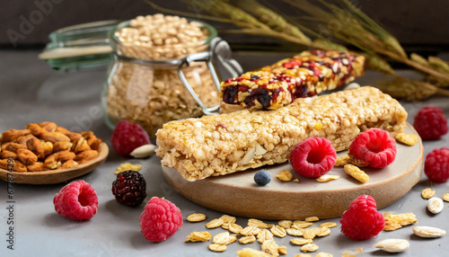 various granola bars on table background cereal granola bars superfood breakfast bars with oats nuts and berries close up superfood concept