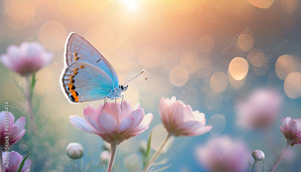 beautiful natural pastel background butterfly and flower against on a background of sunrise