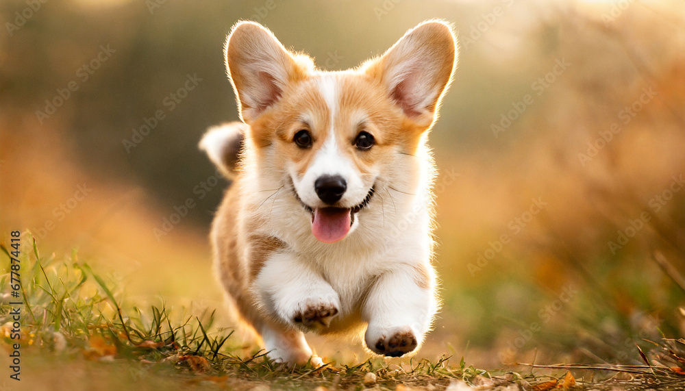 banner with cute small welsh corgi pembroke puppy running outdoor in autumn field happy smiling dog funny pet