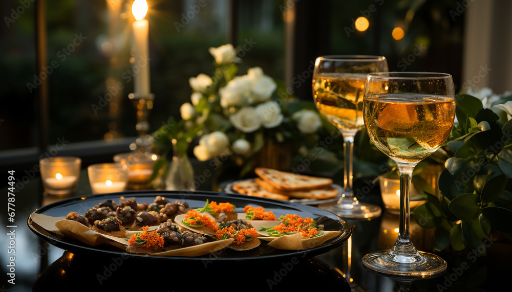 Celebration of elegance, gourmet meal, wine, and candle generated by AI