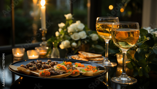 Celebration of elegance, gourmet meal, wine, and candle generated by AI
