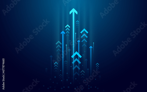 Abstract growth arrow up on technology dark blue background. Speed up arrows. Finance growth and success business concept. Vector illustration in digital futuristic light blue monochrome style.