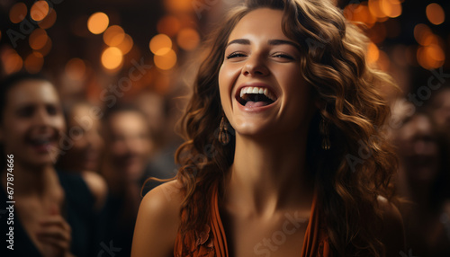 Smiling young women enjoy nightlife at nightclub generated by AI © Jemastock