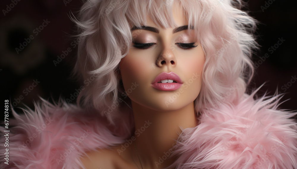 Beautiful woman with blond hair and pink lipstick generated by AI