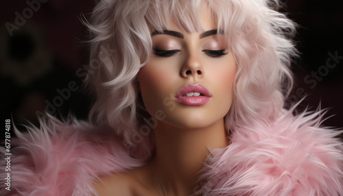 Beautiful woman with blond hair and pink lipstick generated by AI