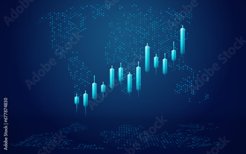 Abstract growth graph chart. Stock market and business analysis concept. Forex Japanese candlesticks on world map technology background. Digital light blue futuristic vector illustration