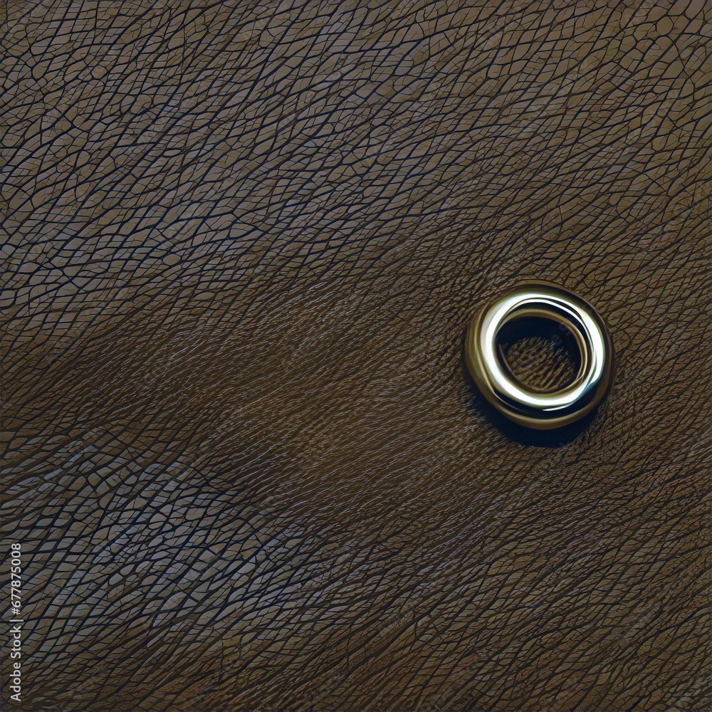 Golden ring over leather texture background, brown leather material pattern close view square illustration