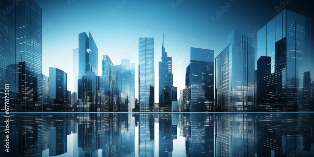 Modern skyscrapers of a smart city, futuristic financial district, graphic perspective of buildings and reflections - Architectural blue background for corporate and business brochure template - obrazy, fototapety, plakaty 